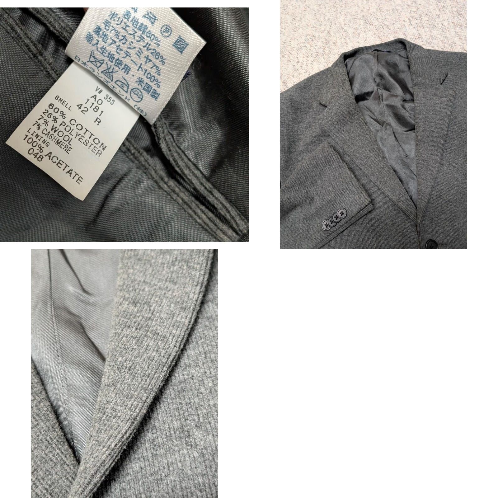 VINTAGE Lands End Blazer Shirt Mens 42R Gray Knit Cashmere Cotton Wool USA Made 3-Button Notch Lapel Ribbed 90s