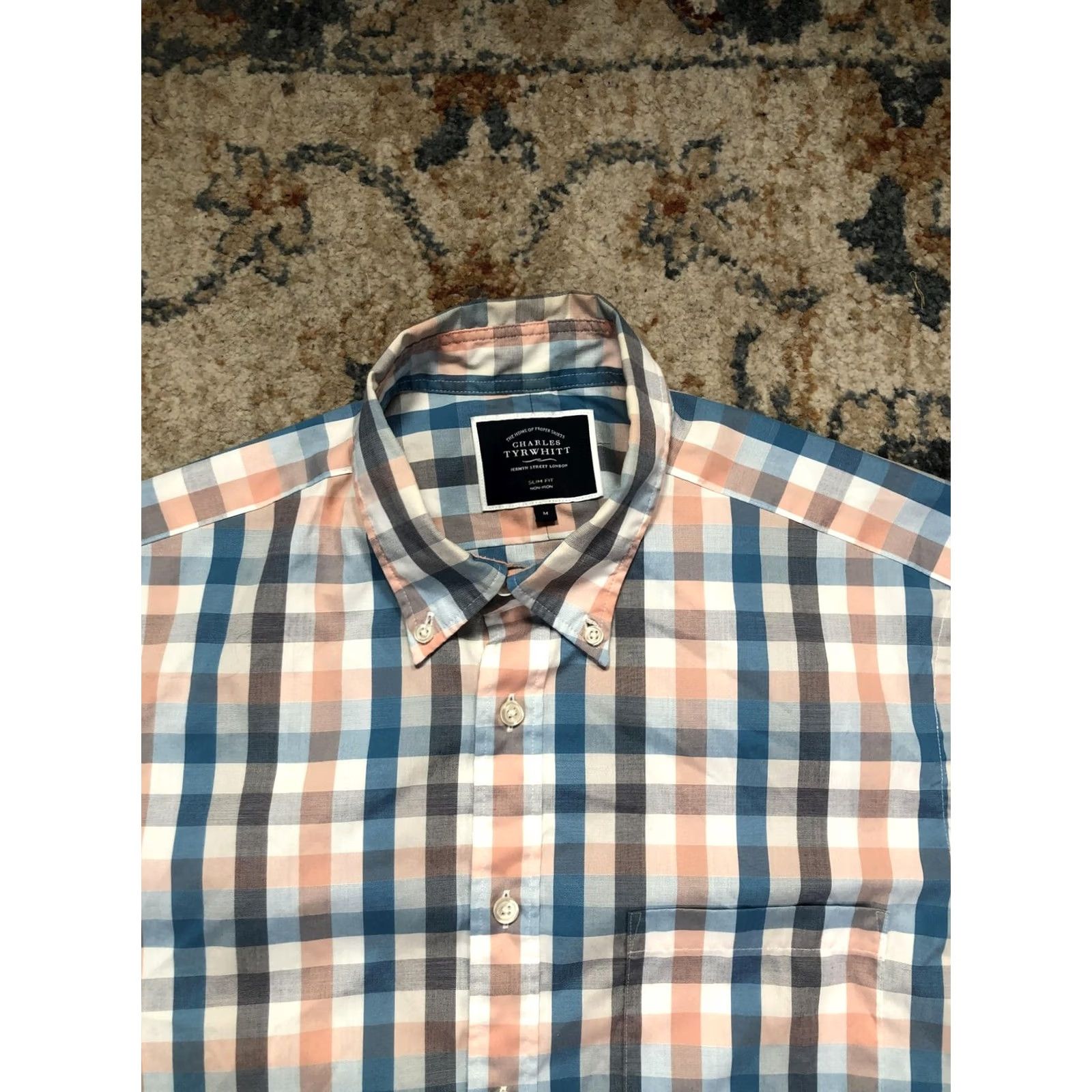 Charles Tyrwhitt Charles Tyrwhitt Shirt Mens M Multicolor Check Short Sleeve Button-Down Non-Iron Slim Fit Size US M / EU 48-50 / 2 - 2 Thumbnail