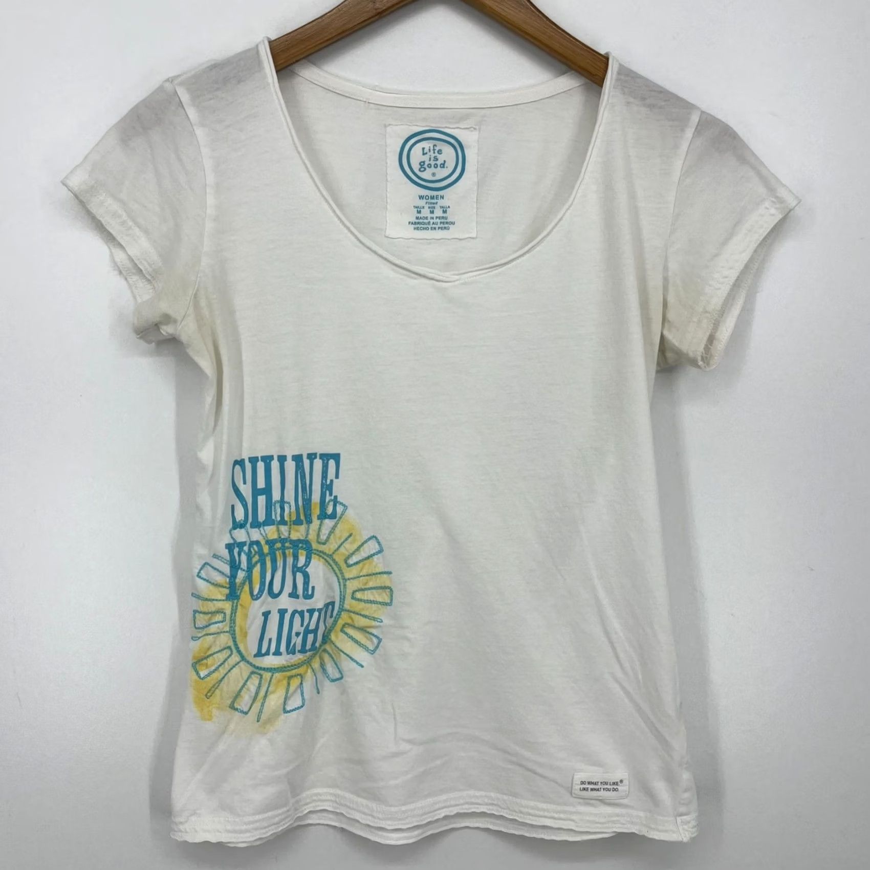 Life is Good Life is Good T-Shirt Women's M White Embroidered Shine Your Light Fitted Casual Short Sleeve Cap Sleeve Love 90s? Size M / US 6-8 / IT 42-44 - 2 Thumbnail