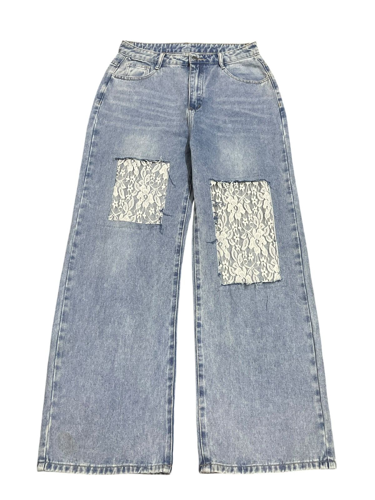 Japanese Brand Vintage Japanese Denim Lace Patchwork Baggy Wide Leg Jeans Size 31" - 3 Thumbnail