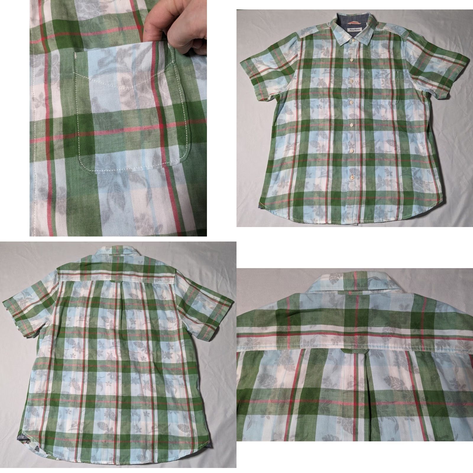 Tommy Bahama TOMMY BAHAMA Men L Button-Up Shirt Plaid Green Blue Floral Lined Cotton Short Sleeve Casual Travel Size US L / EU 52-54 / 3 - 9 Thumbnail