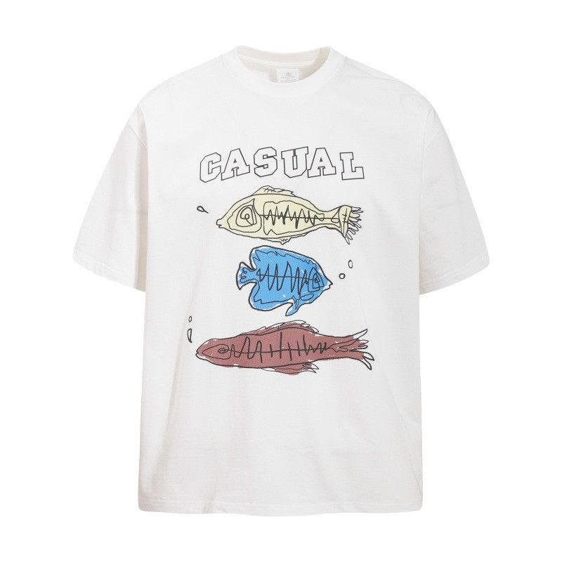Japanese Brand Men's Loose Casual T-Shirt with Cartoon Fish Graffiti Print Size US M / EU 48-50 / 2 - 1 Thumbnail