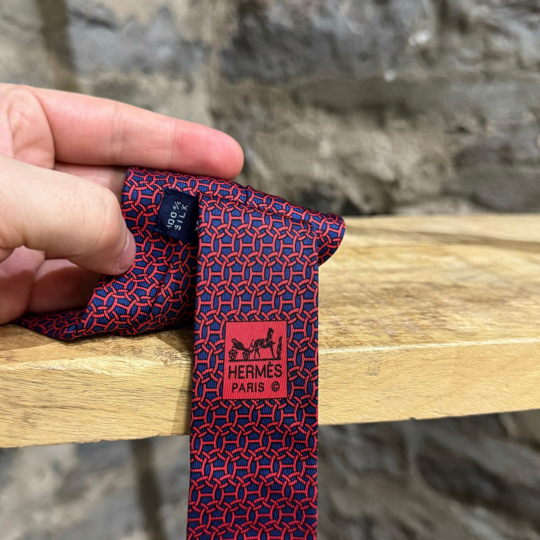 Hermes Hermès Ring Chain H Pattern Navy Silk Tie Size ONE SIZE - 3 Thumbnail