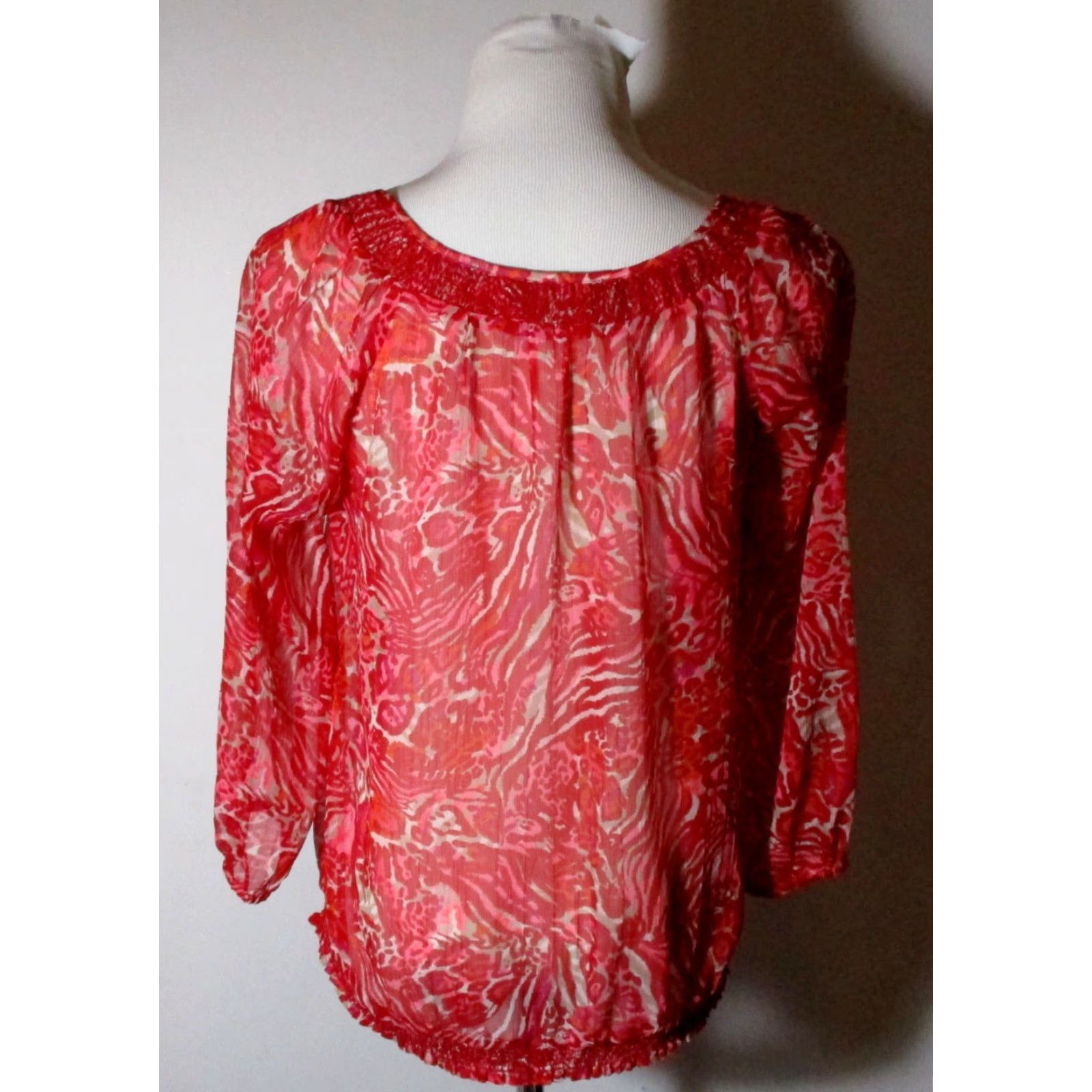 Lucky Brand Lucky Brand Sheer Red Top Blouse S Women - 3/4 Sleeve, Knit Polyester, Floral, Button Front, Boat Neck - Vintage No Size S / US 4 / IT 40 - 5 Thumbnail