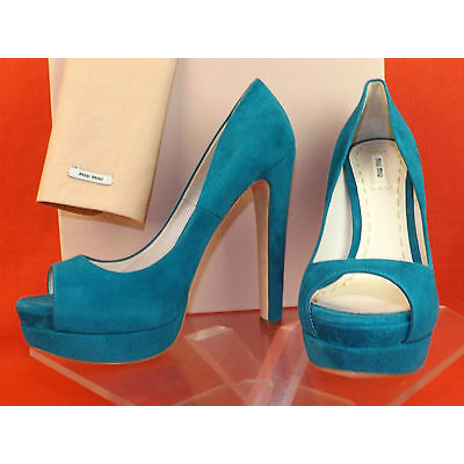 Miu Miu 5KP185 TURQUOISE SUEDE PEEP TOE DOUBLE PLATFORM PUMPS 39.5 9 Size US 9.5 / IT 39.5 - 1 Thumbnail