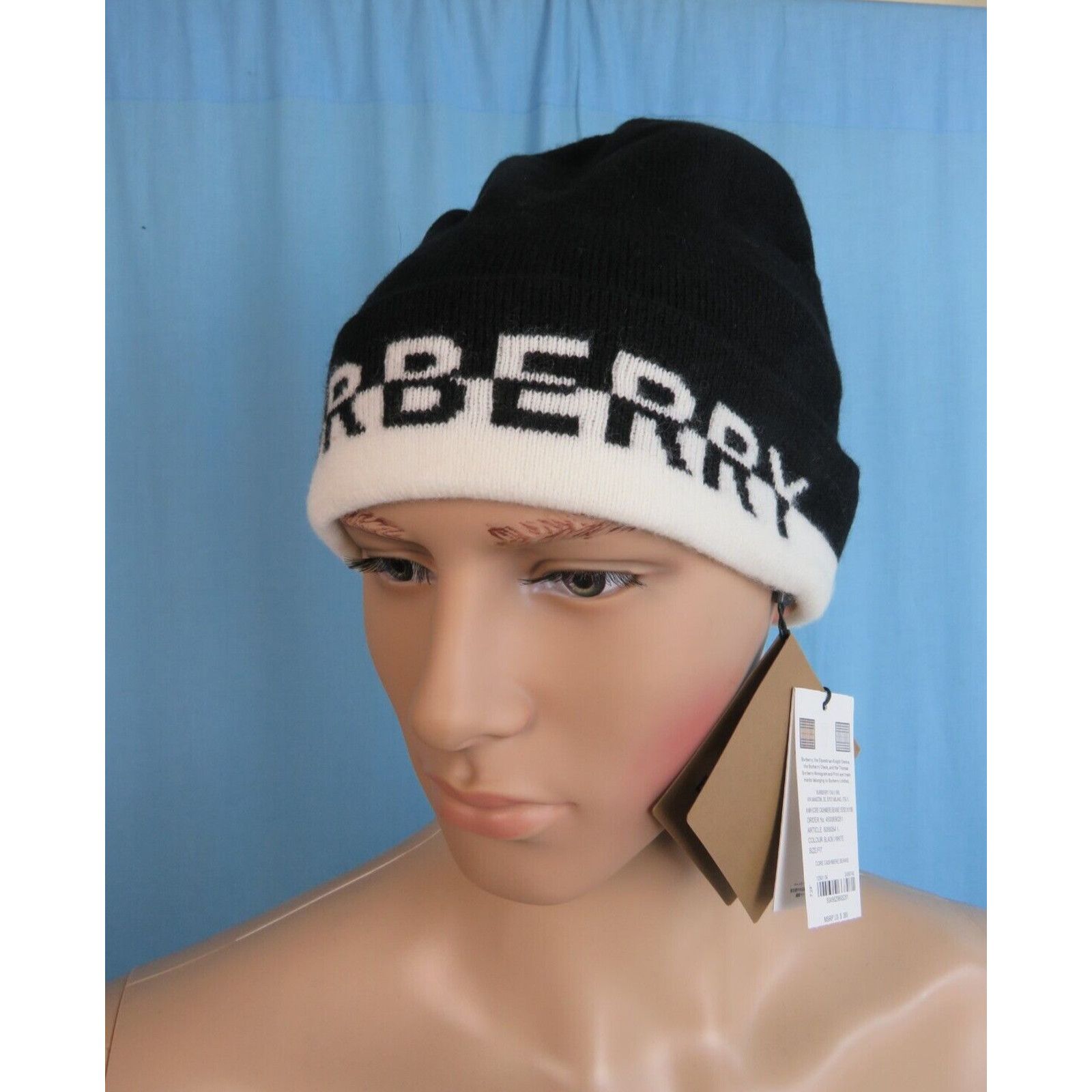 NEW BURBERRY CORE BLACK WHITE CASHMERE LOGO HAT ONE SIZE