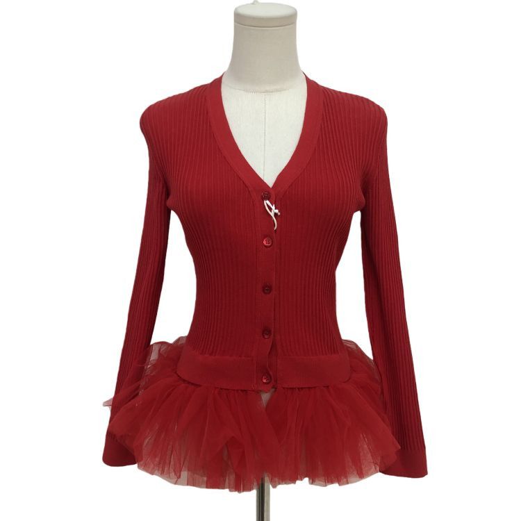 Moschino Moschino Red Ribbed Tulle Trim Cardigan Size 40 Size S / US 4 / IT 40 - 1 Thumbnail