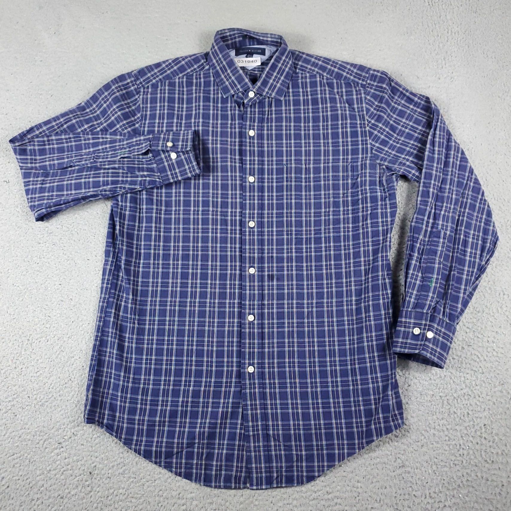 Tommy Hilfiger VINTAGE Tommy Hilfiger Shirt Mens 15.5 Blue Plaid Dress Shirt Long Sleeve Professional Casual Button Up Navy Blue Size 40R - 2 Thumbnail