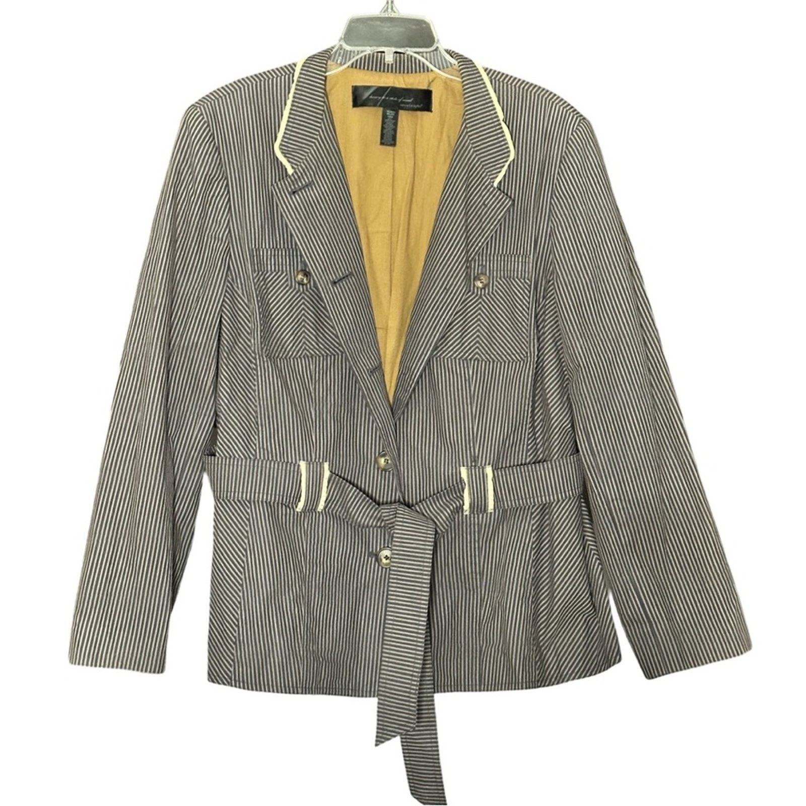 Other Apostrophe Cotton Striped Blazer Jacket With Belt Size XXL / US 16-18 / IT 52-54 - 3 Thumbnail