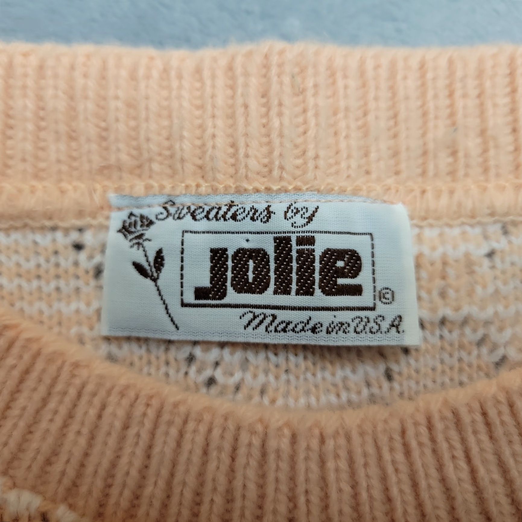 Vintage VTG Jolie Womens 22W Peach White Knit Geometric Pullover Crew Neck Long Sleeve Casual Made in USA Mens? No. Size 3XL / US 20-22 - 4 Thumbnail