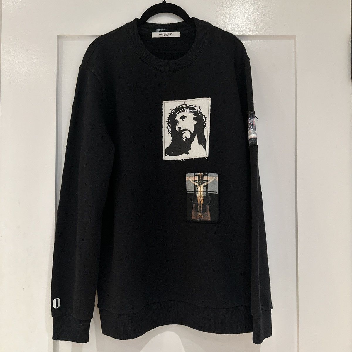 image of Givenchy Distressed Oversized Sweatshirt “Jesus Patchwork” in Black, Men's (Size Small)