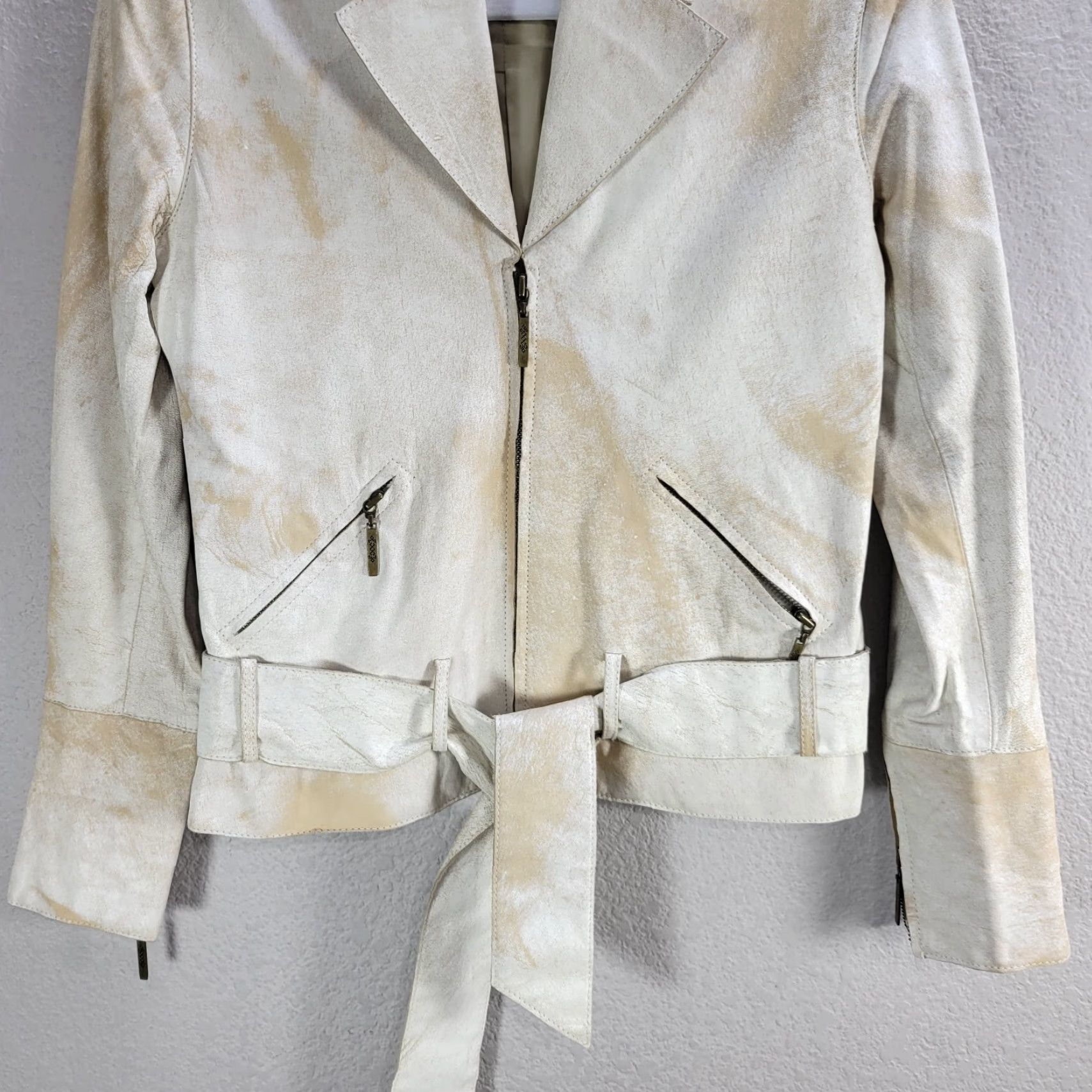 Vintage Indigo Palms Beige Distressed Zip Up Biker Leather Jacket Zipped Cuffs XS Womens Jacket Size XS / US 0-2 / IT 36-38 - 4 Thumbnail