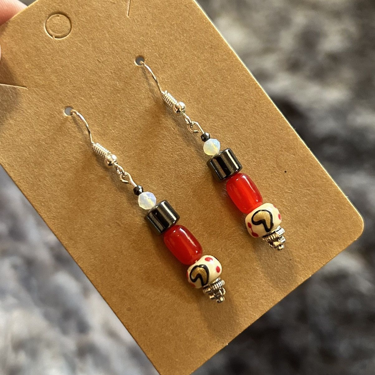 Handmade Handcrafted unique painted bead cat eye glass earrings Size ONE SIZE - 1 Thumbnail
