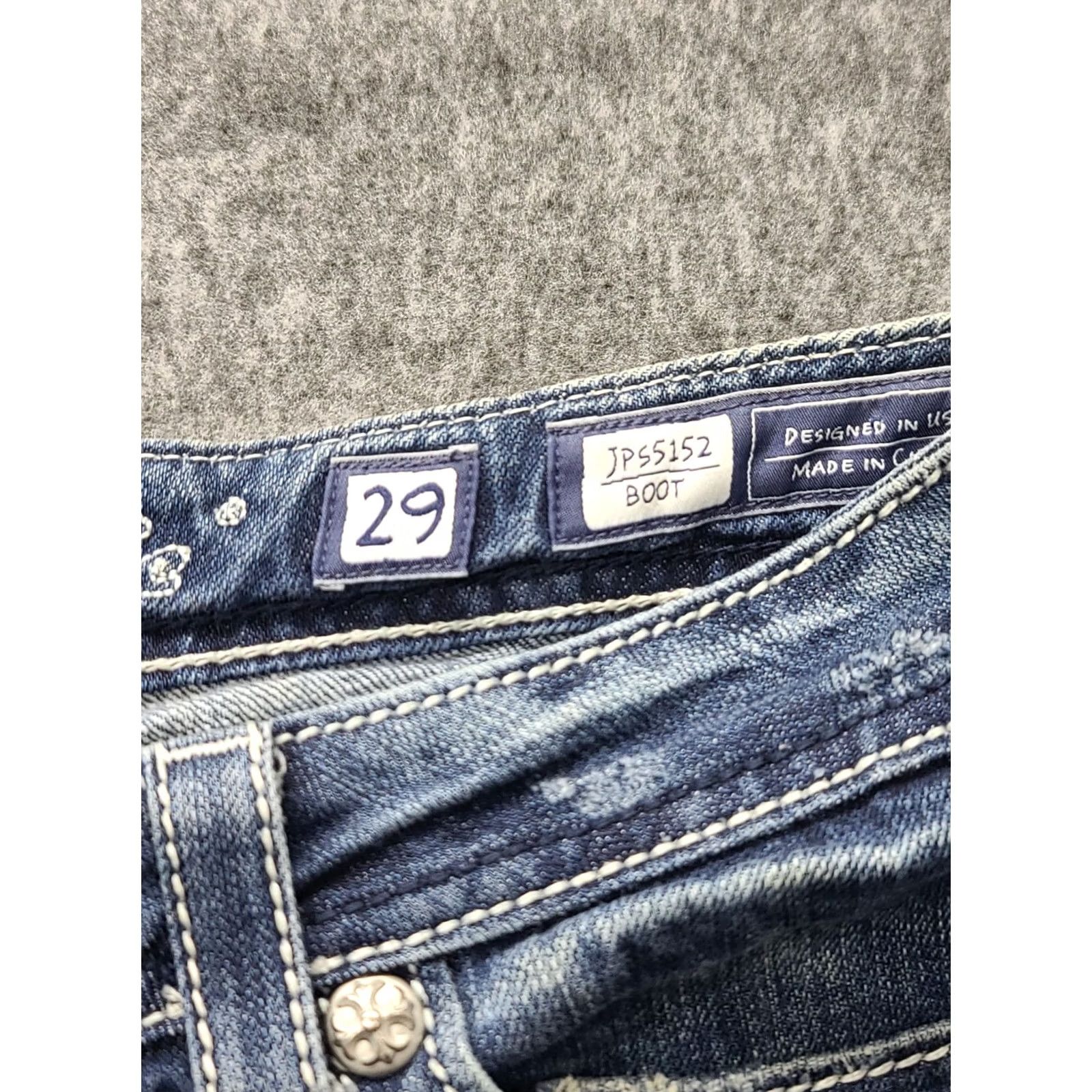 Miss Me Miss Me Jeans Womens 29x32 Regular Fit Bootcut Mid Rise Distressed Stretch Denim Blue Embroidered Rhinestone 5-Pocket Design Size 29" - 3 Thumbnail