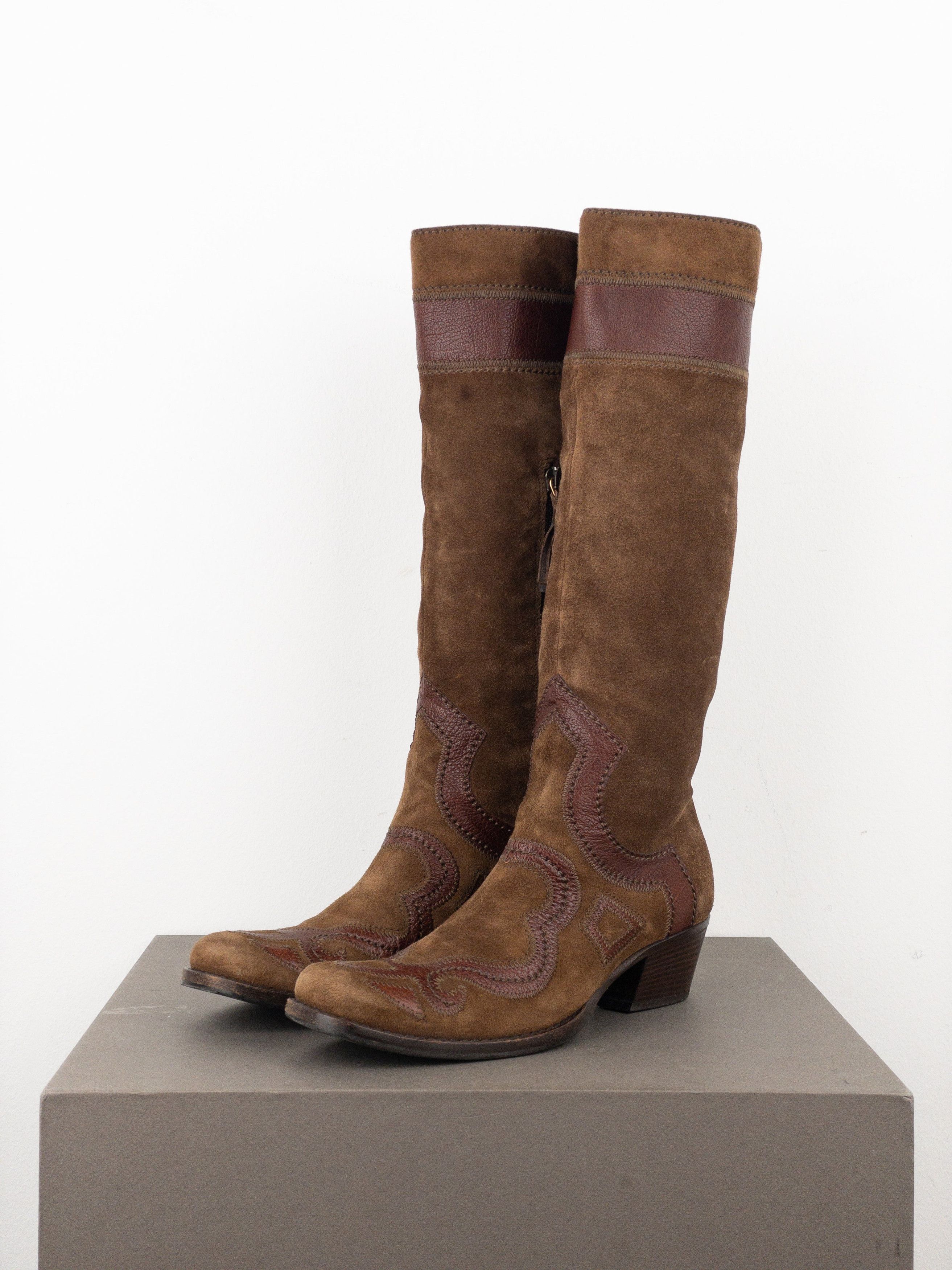 Miu Miu 2000s Knee-High Suede Cowboy Boots Size US 4.5 / IT 34.5 - 1 Thumbnail