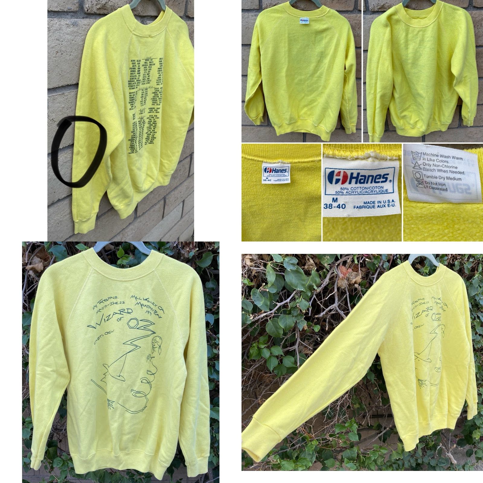 Hanes VINTAGE Wizard Of Oz Cast + Crew Mt Tamalpais 1991 Sweatshirt Hanes Yellow M Mens Pullover Graphic Print 90s Movie Dorothy raglan Sweatshirt Size US M / EU 48-50 / 2 - 8 Thumbnail