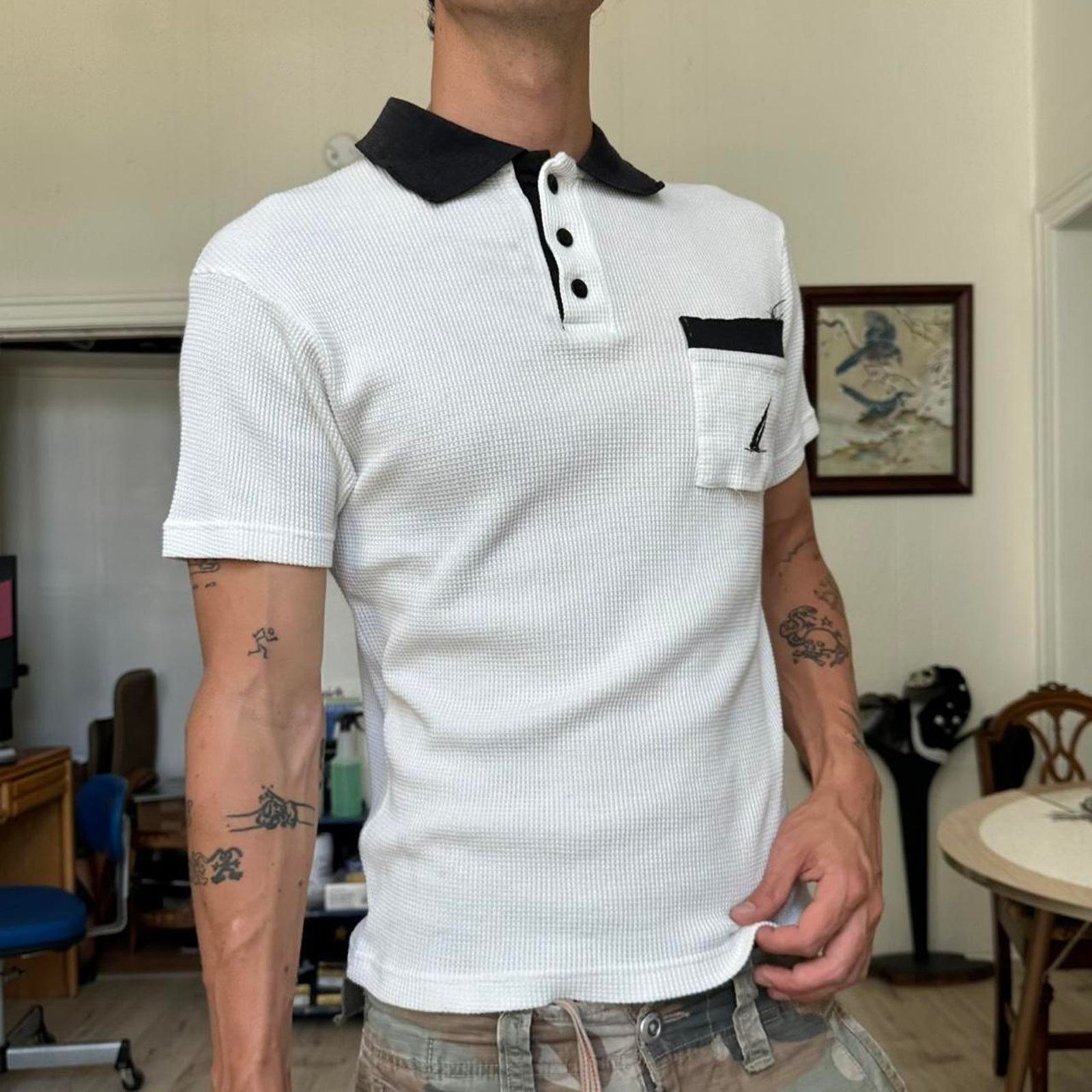 Nautica × Vintage Vintage 80s 90s Nautica White Black Waffle Shortsleeve Polo Size US S / EU 44-46 / 1 - 3 Thumbnail