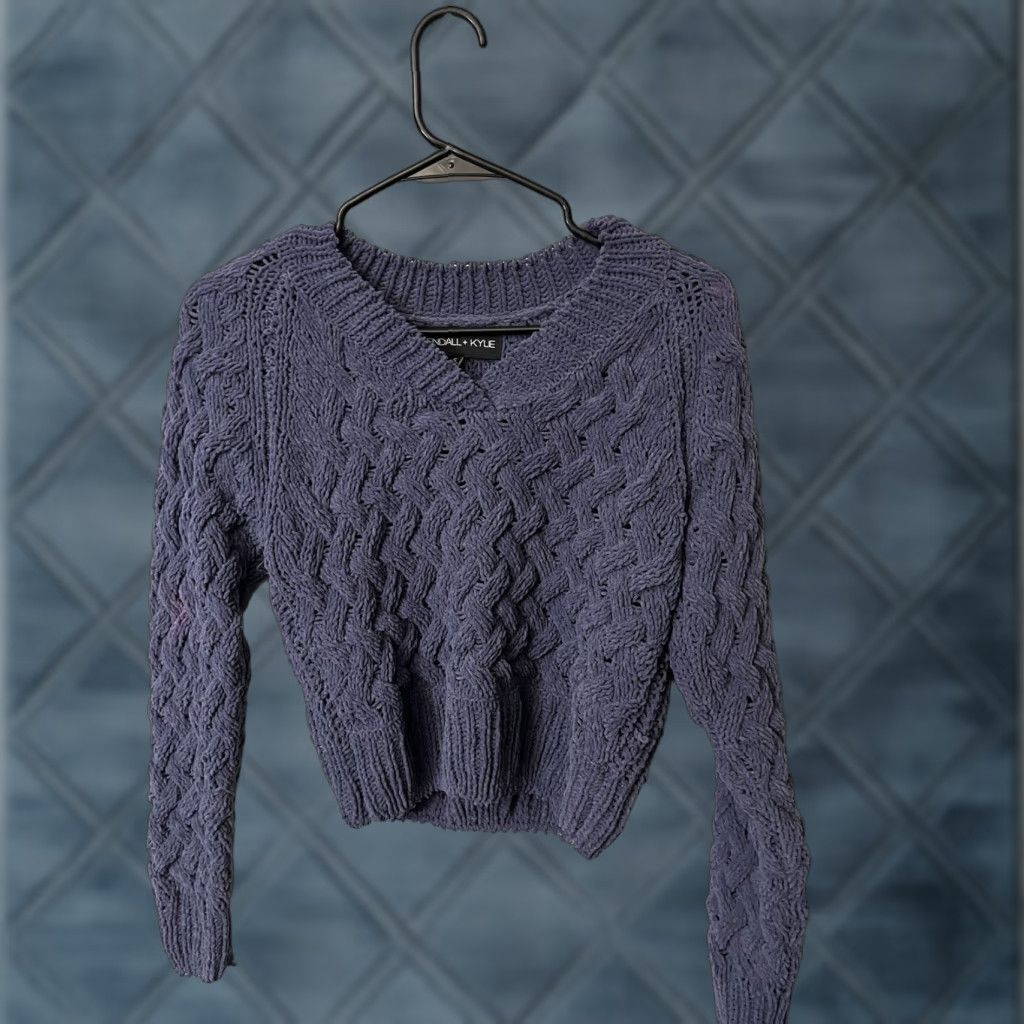 Vintage KENDALL & KYLIE Cable Knit Blue Cropped V-Neck Sweater Women's Small Size S / US 4 / IT 40 - 1 Thumbnail
