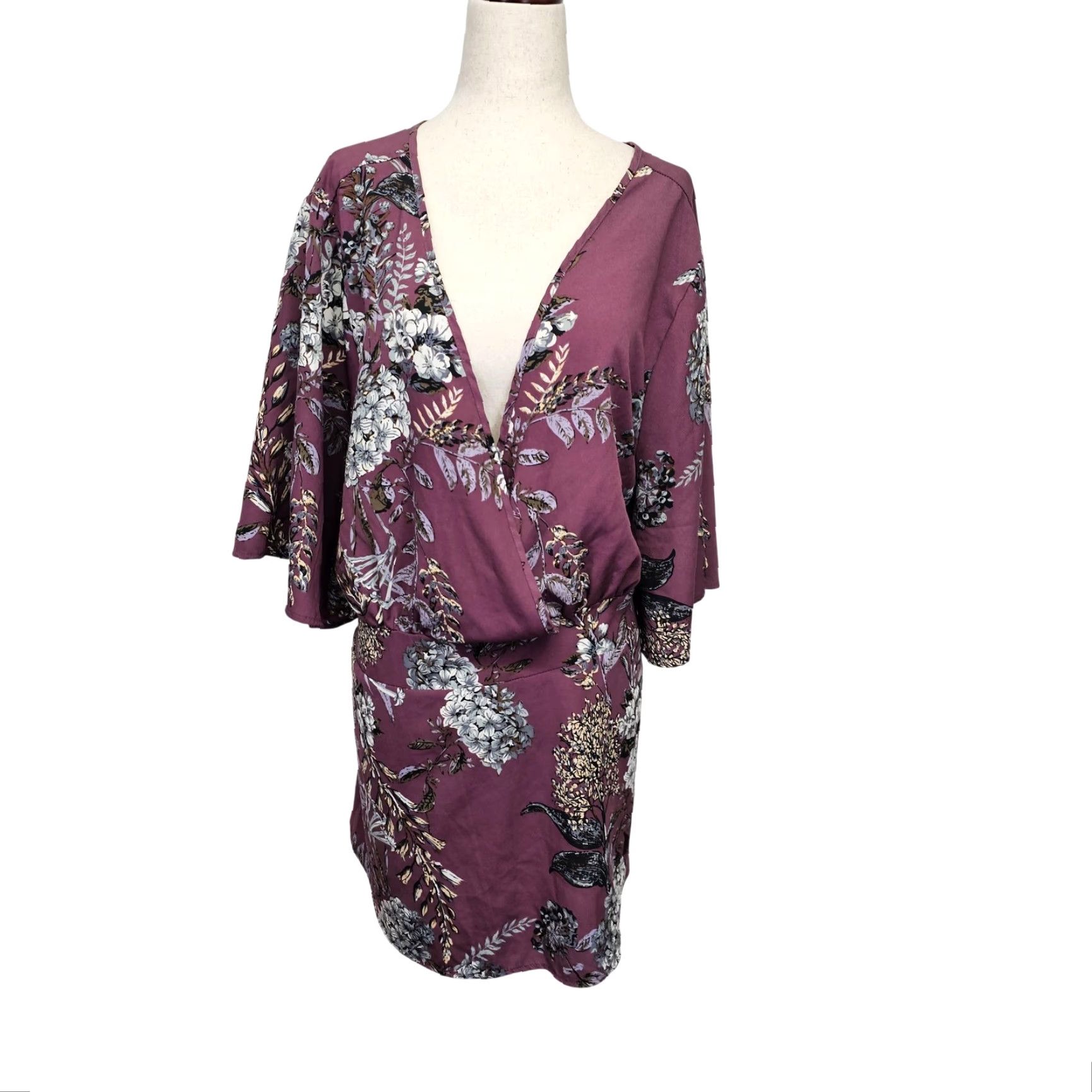 Torrid Womens 3X Purple Floral Wrap Dress Kimono Sleeve Short Boho Party USA