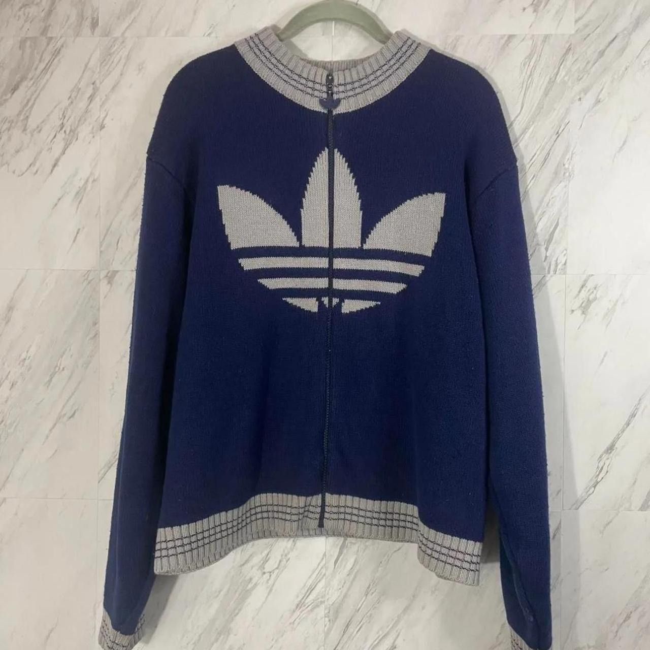 Vintage 90s Navy and White Adidas Zip Up Knit Sweater!