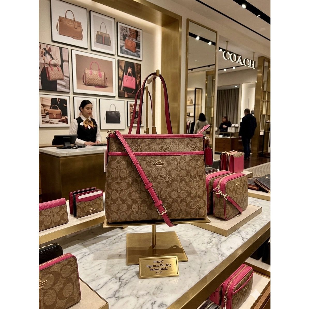 Coach Coach Signature File Bag Crossbody Khaki Pink Leather Trim Size ONE SIZE - 2 Thumbnail