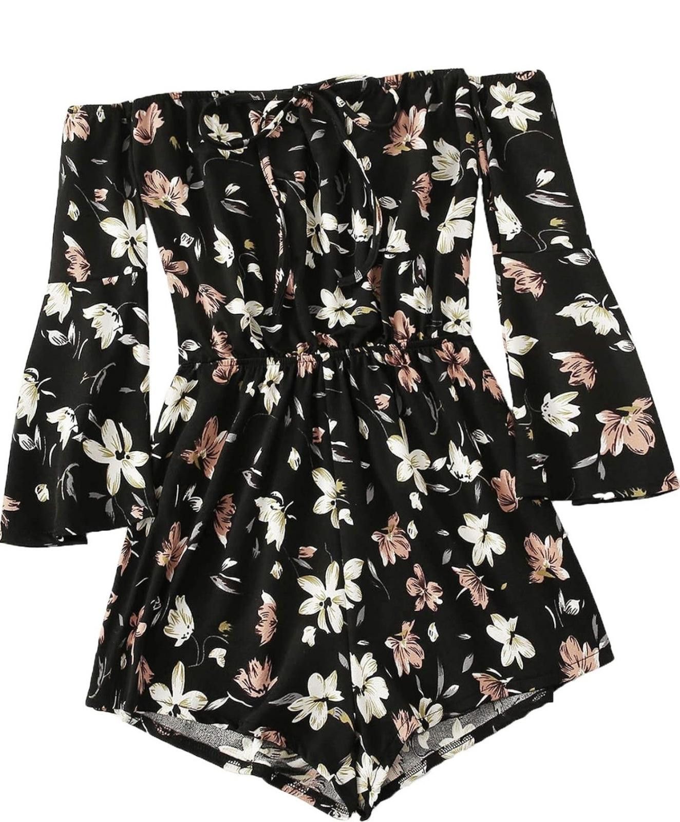 The Unbranded Brand Boho Floral Off-Shoulder Romper with Fairy Bell Sleeves Size 28" / US 6 / IT 42 - 2 Thumbnail
