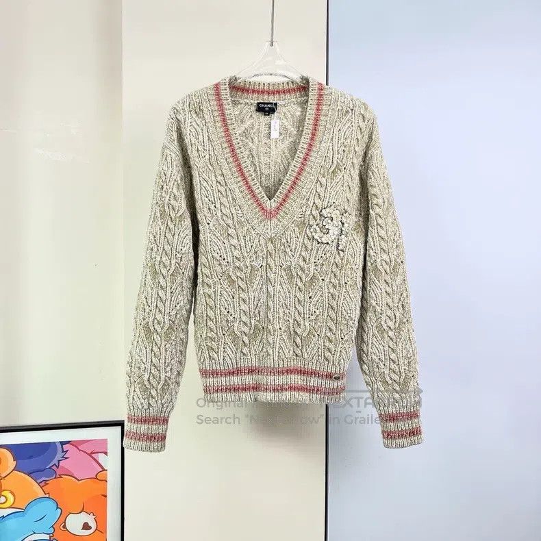 Chanel 22B gold silk V-neck knit sweater
