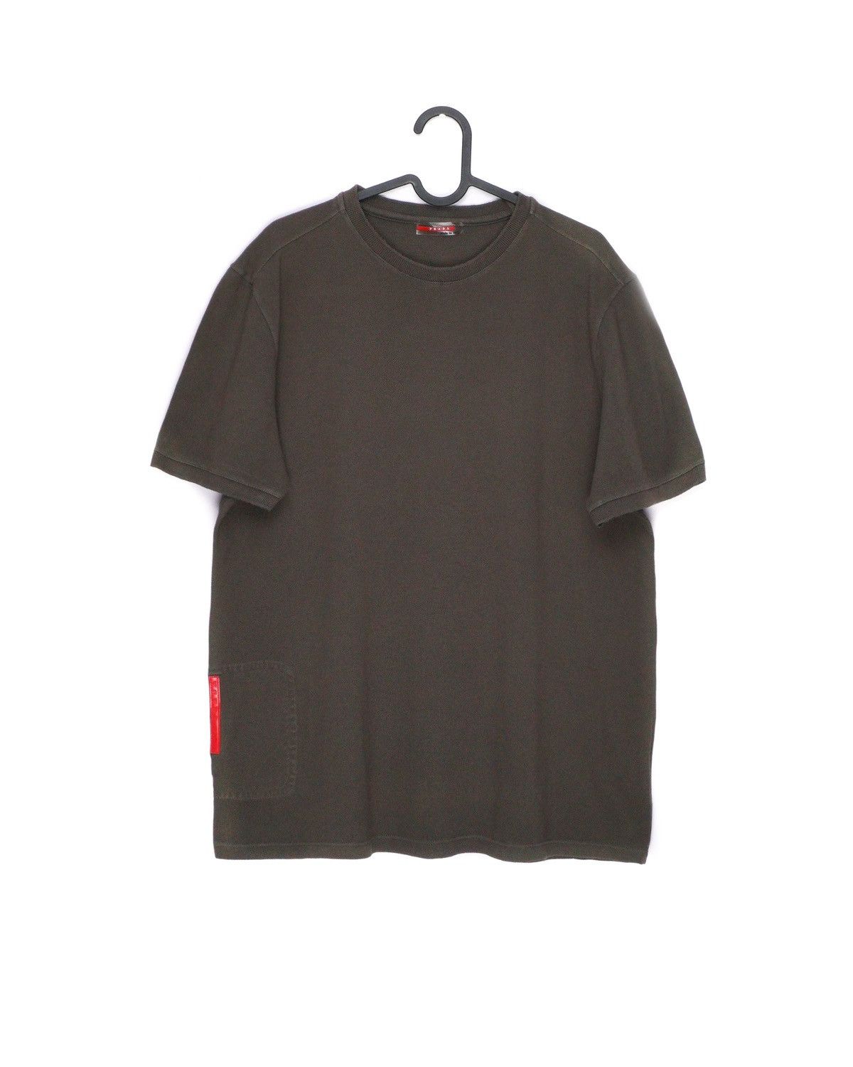 image of Prada Linea Rossa Red Tab Logo Nylon Pocket Grey Tee Shirt, Men's (Size XL)