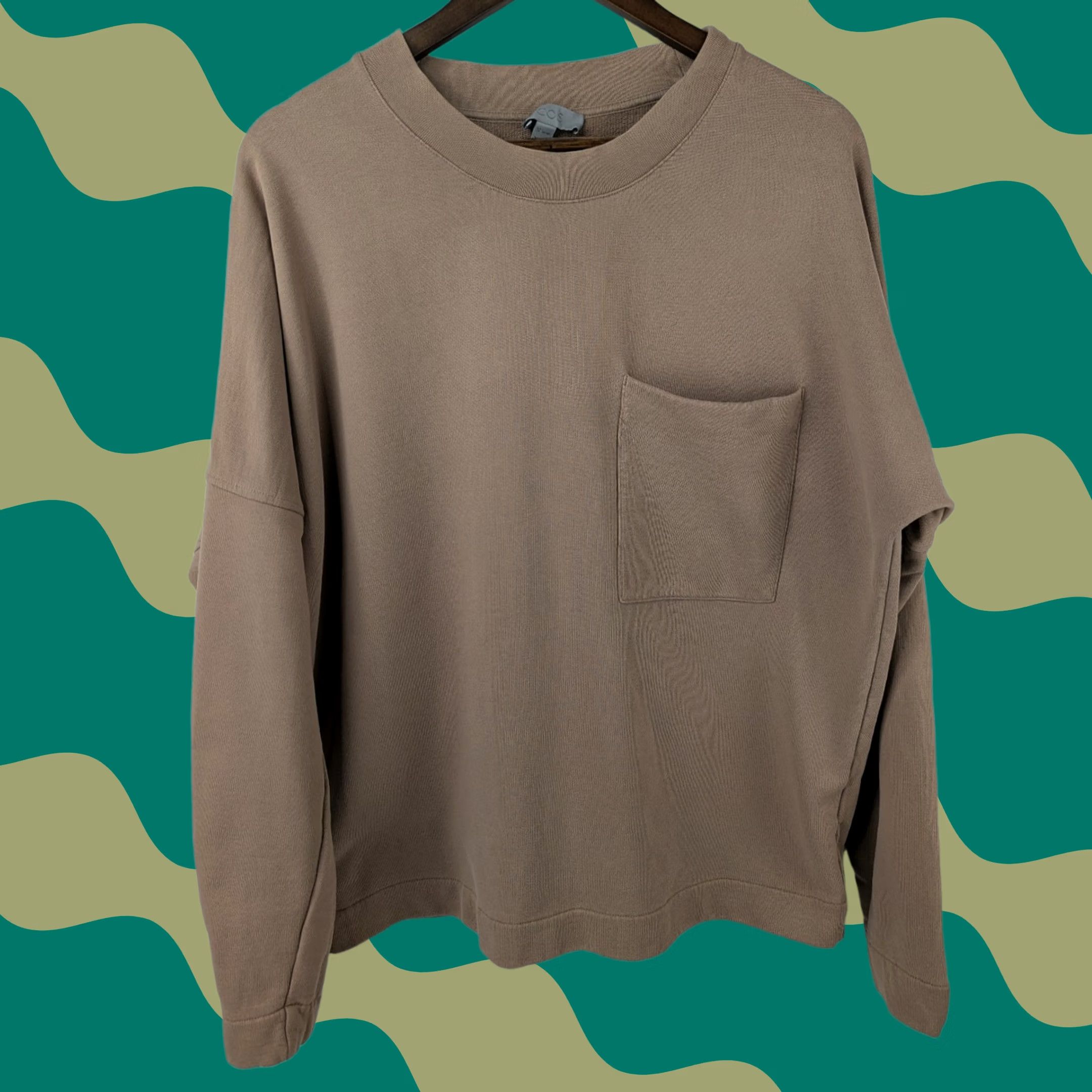 Cos COS Sweatshirt Mens Large Light Taupe Pullover Pocket Stretch Preppy Knit Crew Neck Regular Long Sleeve, Brown, Cotton Polyamide, Fall Winter, Carded Size US L / EU 52-54 / 3 - 1 Thumbnail
