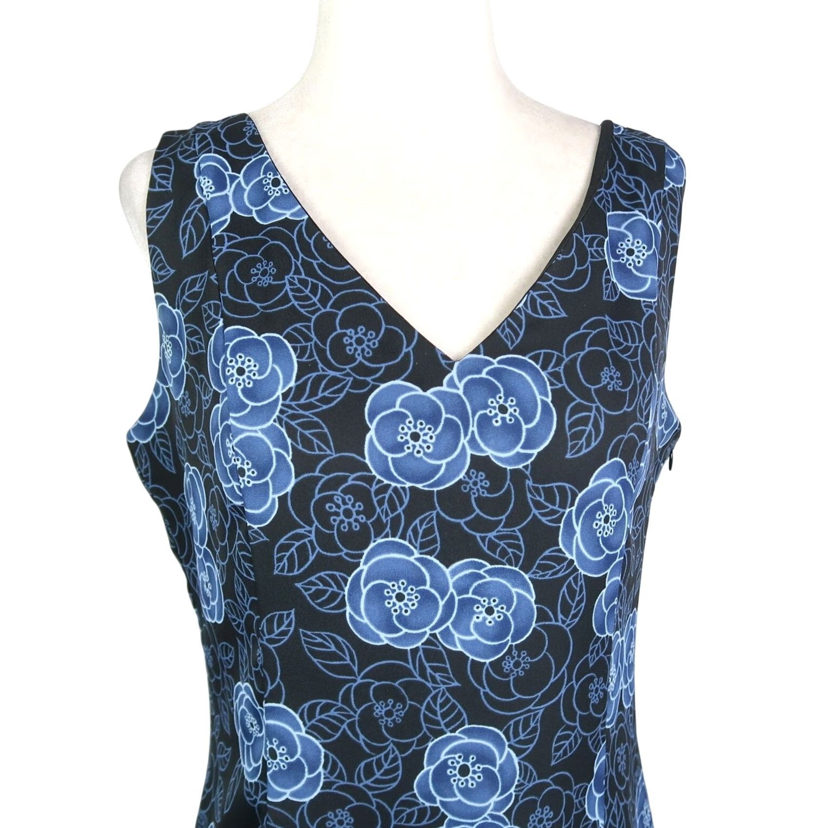 Ann Taylor VINTAGE Ann Taylor LOFT Navy Blue Floral Midi Dress Sleeveless V-Neck 8 Women 90s Size M / US 6-8 / IT 42-44 - 2 Thumbnail