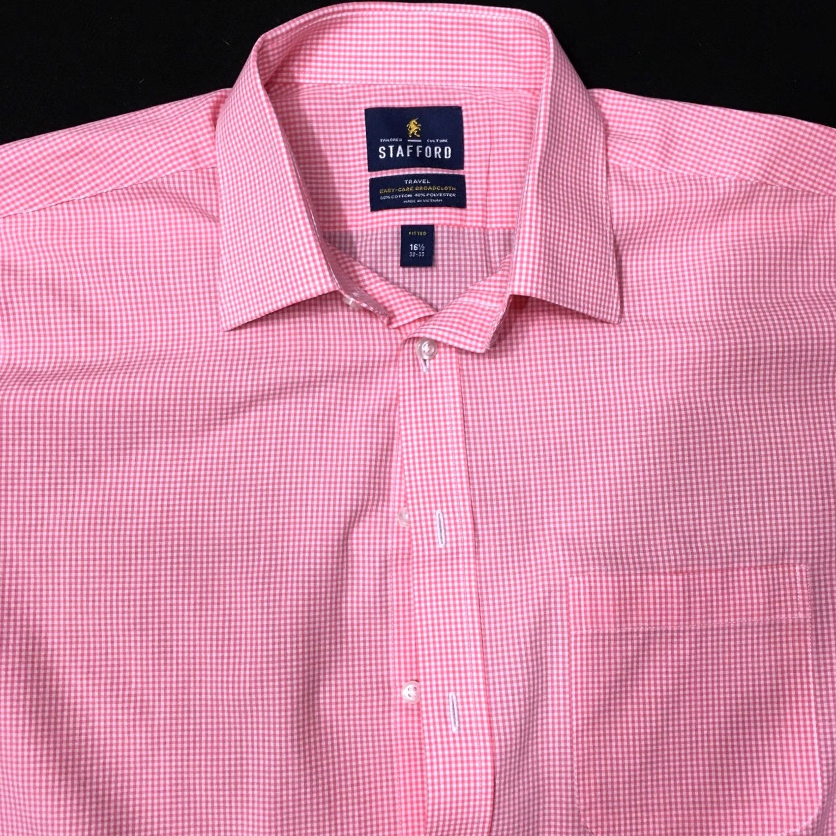 Stafford Stafford Dress Shirt Mens 16.5 32/33 PINK CHECK Button Up TRAVEL EASY CARE Size 46R - 2 Thumbnail