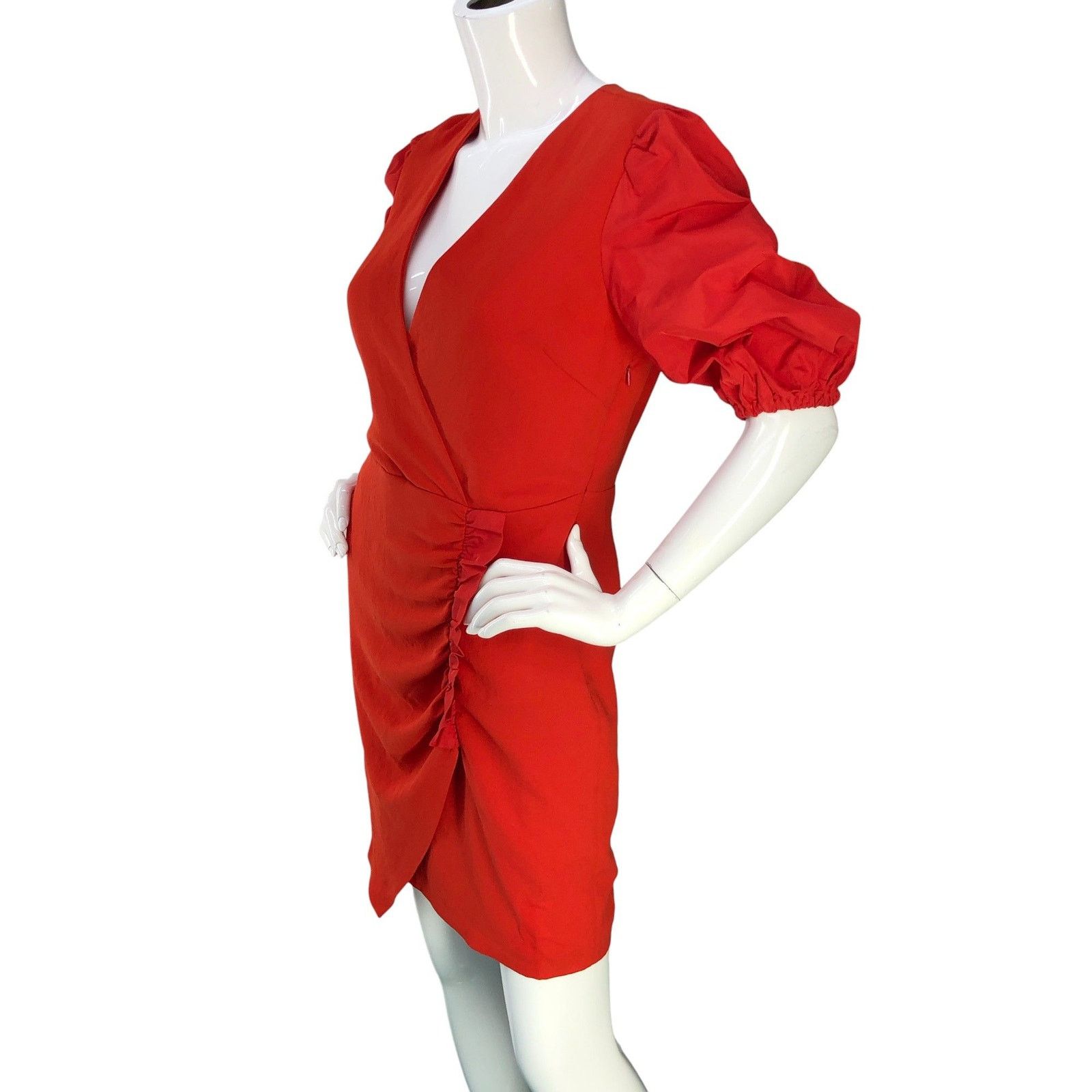 Pinko Pinko Dress 6 Red Puff Sleeve Ruched Wrap V Neck Cocktail Size M / US 6-8 / IT 42-44 - 4 Thumbnail