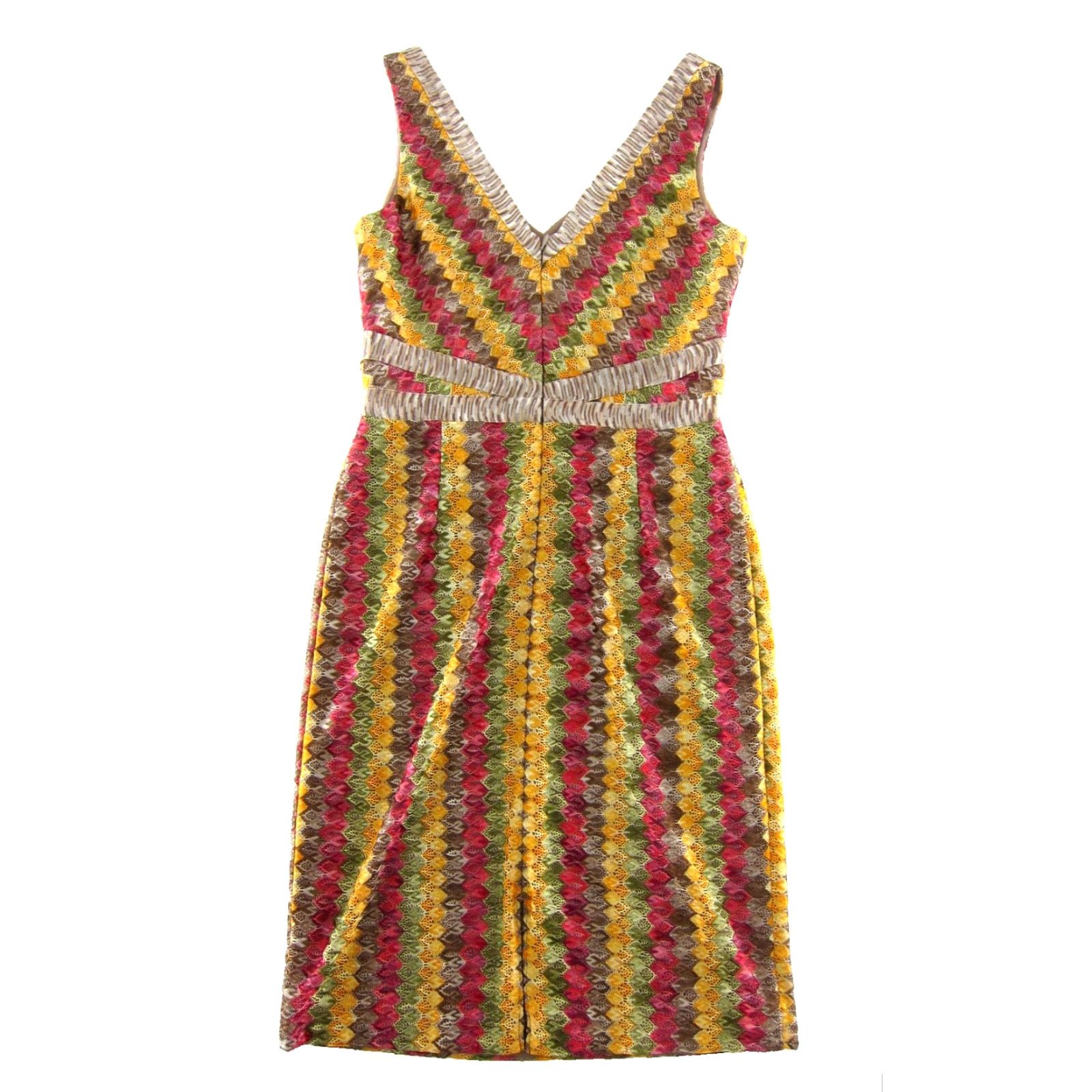 Vintage Kay Unger New York V-Neck Sheath Tank Dress 8 Dress, Sleeveless, Knee Length, Lined, Polyester, Orange, Pink, Green, Brown, Stripe, Zip Back, Women Size M / US 6-8 / IT 42-44 - 2 Thumbnail