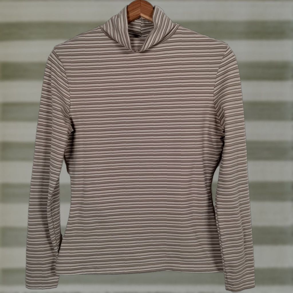 Express VINTAGE Express Tricot Shirt Women M Mock Neck Khaki Tan Striped 90s Preppy Retro Casual Knit Long Sleeve Pullover Modern Classic Mens Womens Girls Size M / US 6-8 / IT 42-44 - 1 Thumbnail
