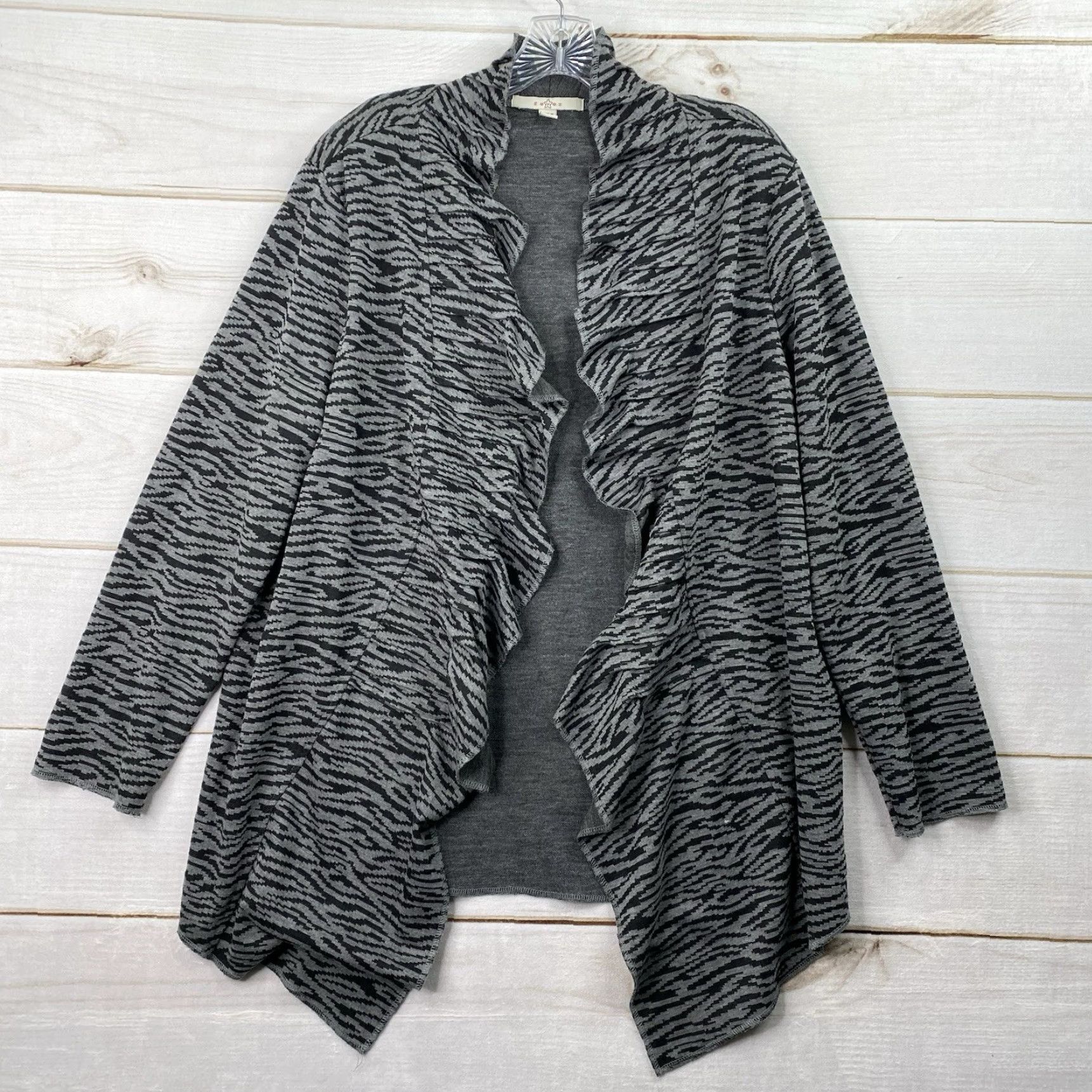 Vintage Fever Cardigan Sweater Womens 2X Open Front Gray Black Animal Print Ruffle Y2K Autumn Winter Size XXL / US 16-18 / IT 52-54 - 2 Thumbnail