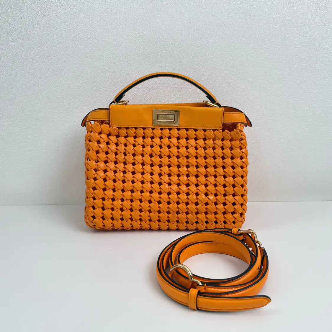 Fendi FENDI Peekaboo mini orange sheepskin woven handbag gold hardware Size ONE SIZE - 1 Thumbnail