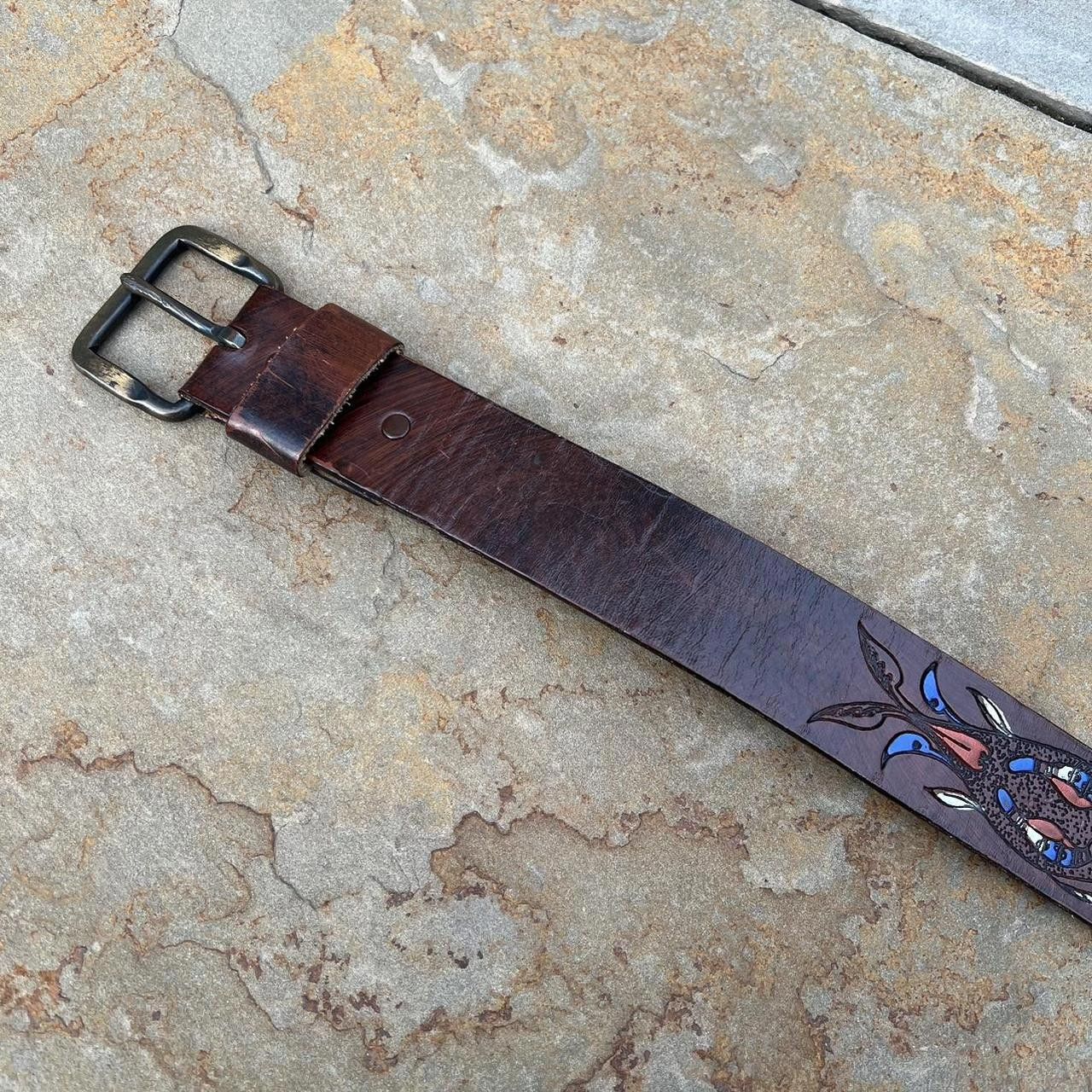 Designer Y2K Hand Tooled/Painted Brown Leather Belt Size ONE SIZE - 5 Thumbnail