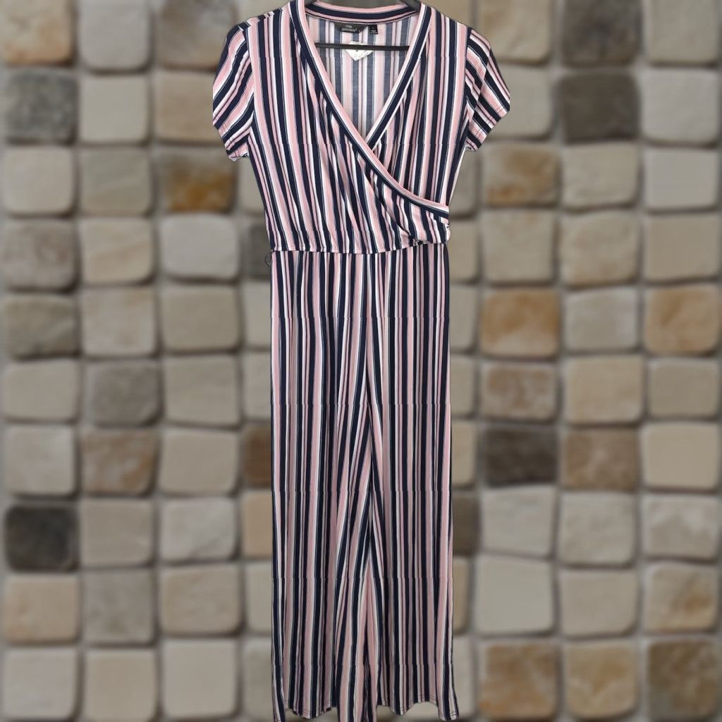Vintage NWT Mlle Gabrielle Jumpsuit L Pink Blue Stripe Mock Wrap V-Neck ShortSleeve Shirt Size 36" / US 14 / IT 50 - 1 Thumbnail