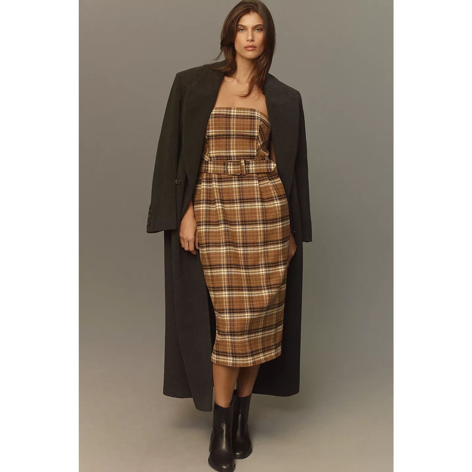 Anthropologie NWT Strapless Belted Midi Dress $178 SIZE 6 Brown PLAID Wool Size M / US 6-8 / IT 42-44 - 1 Thumbnail