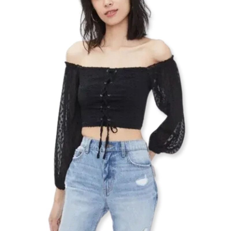 Aeropostale Aeropostale Cropped Top Lace Up Off Shoulder Black W S NWOT Size S / US 4 / IT 40 - 1 Thumbnail