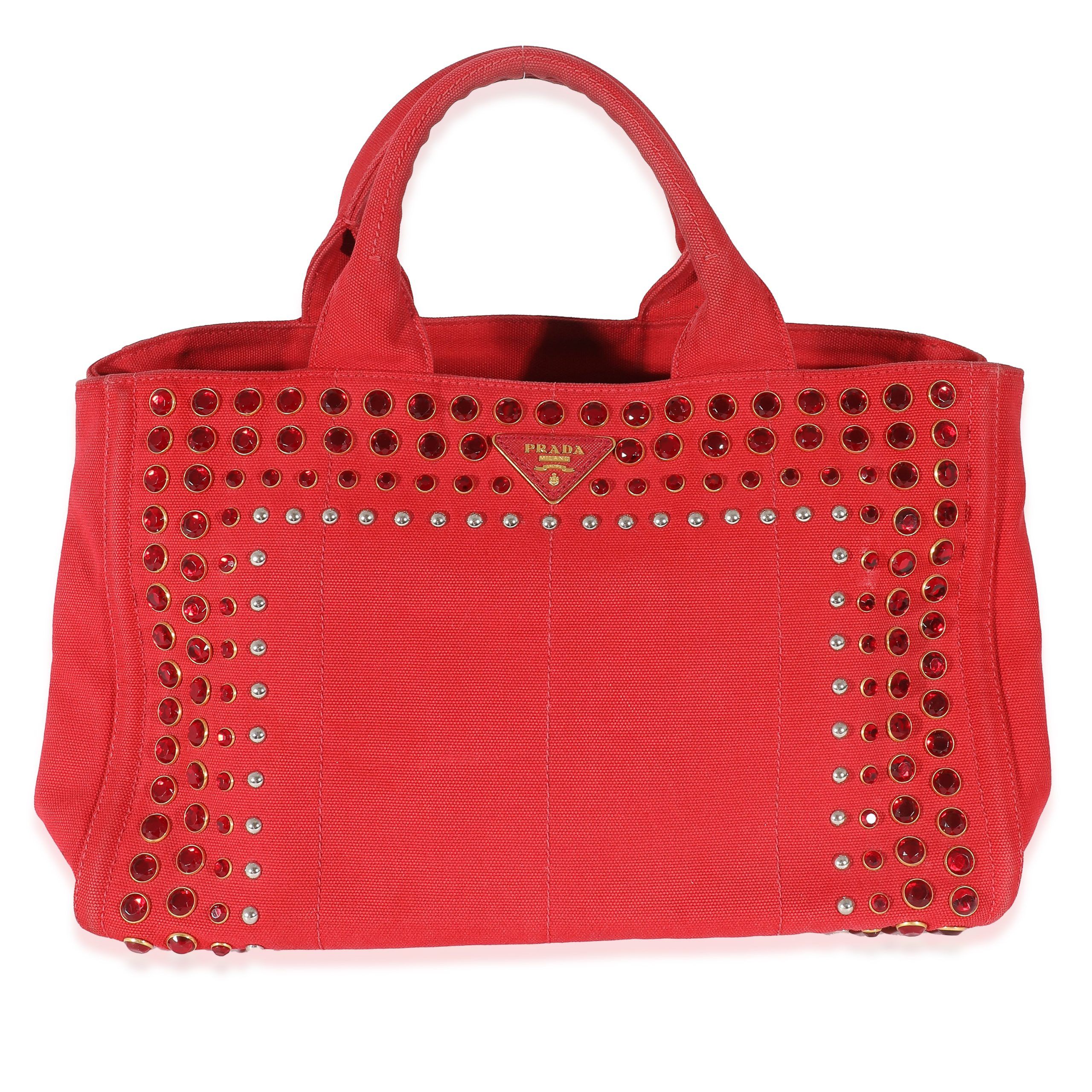 Prada Red Canvas Studded Medium Canapa Tote
