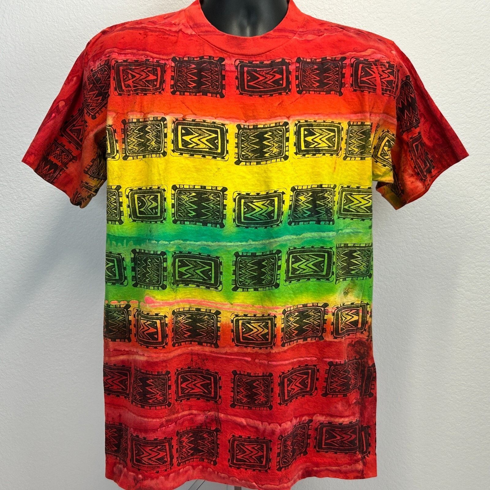 Vintage Vintage 90s Tribal Aztec Striped T Shirt Red Tie Dye L Large Size US L / EU 52-54 / 3 - 2 Thumbnail