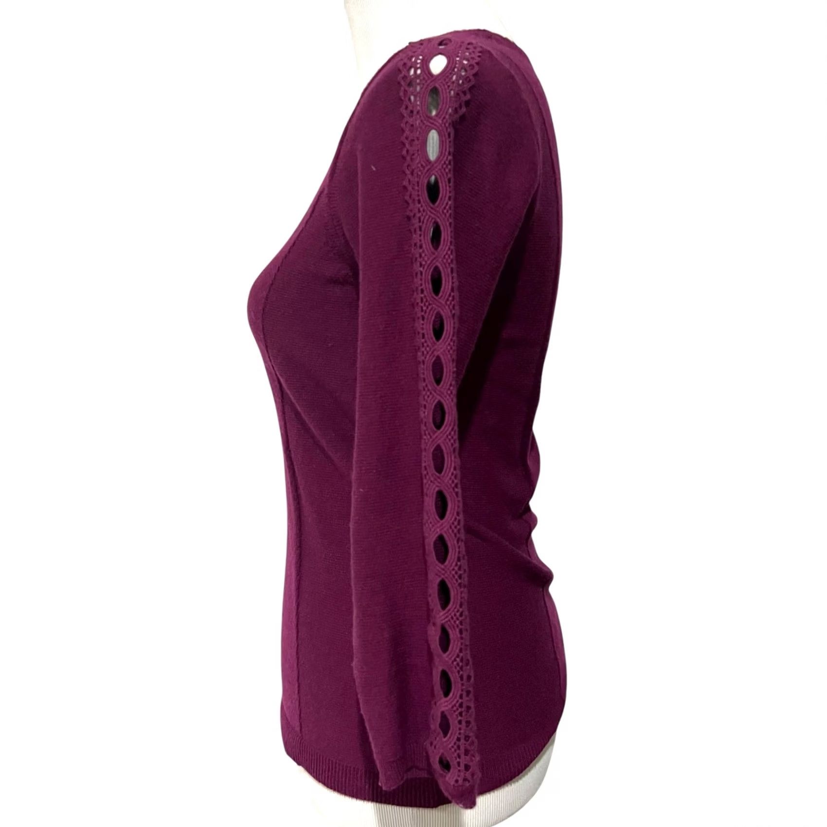 Anthropologie ANGEL OF THE NORTH Sweater Women’s S Purple Lace Detail 3/4 Sleeve Pullover Cashmere Cotton Nylon Spandex Anthro polo (adjusted for clarity) Size S / US 4 / IT 40 - 3 Thumbnail