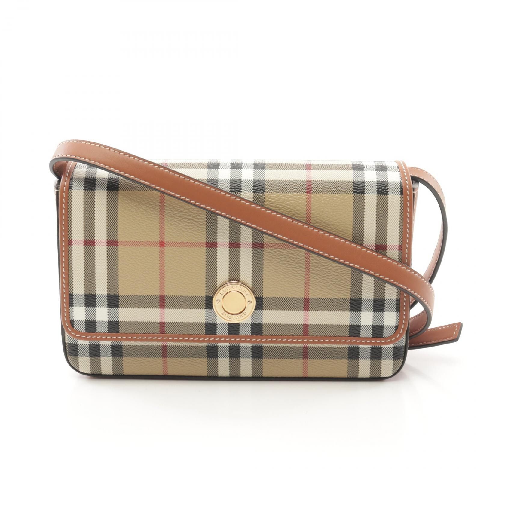 Burberry Burberry Vintage Check Pvc Coated Canvas Leather Shoulder Bag Canvas Shoulder Bag 8070421 in Beige, Women's
