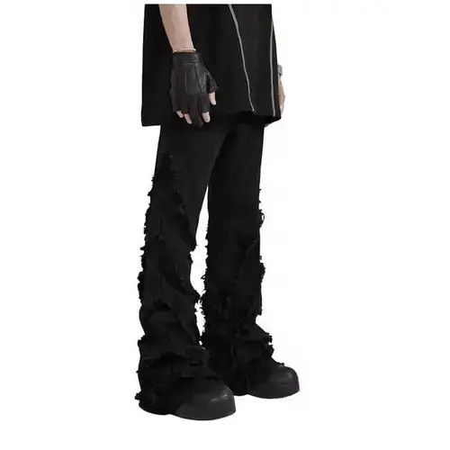 Black Frayed Stacked Denim Jeans