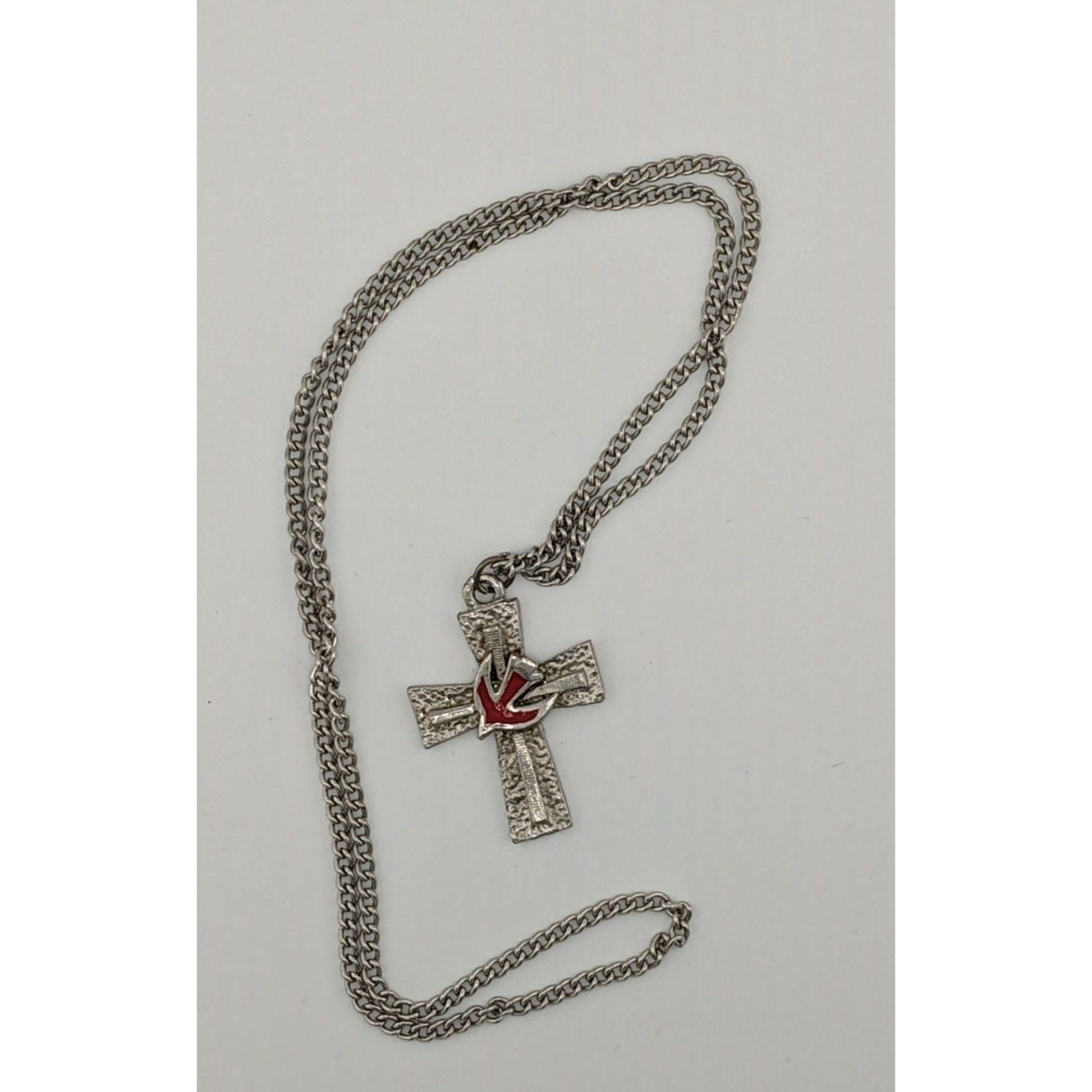 Other Vintage Cross Necklace Silver Tone With Red Enamel Dove Size ONE SIZE - 4 Thumbnail