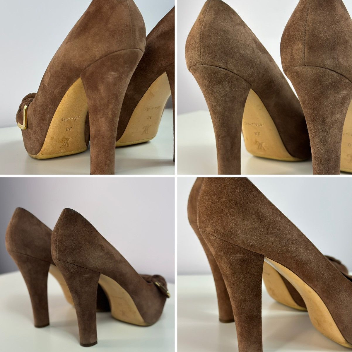 Louis Vuitton Louis Vuitton Brown Suede Catania Peep Toe Platform Pumps Size US 8 / IT 38 - 24 Thumbnail