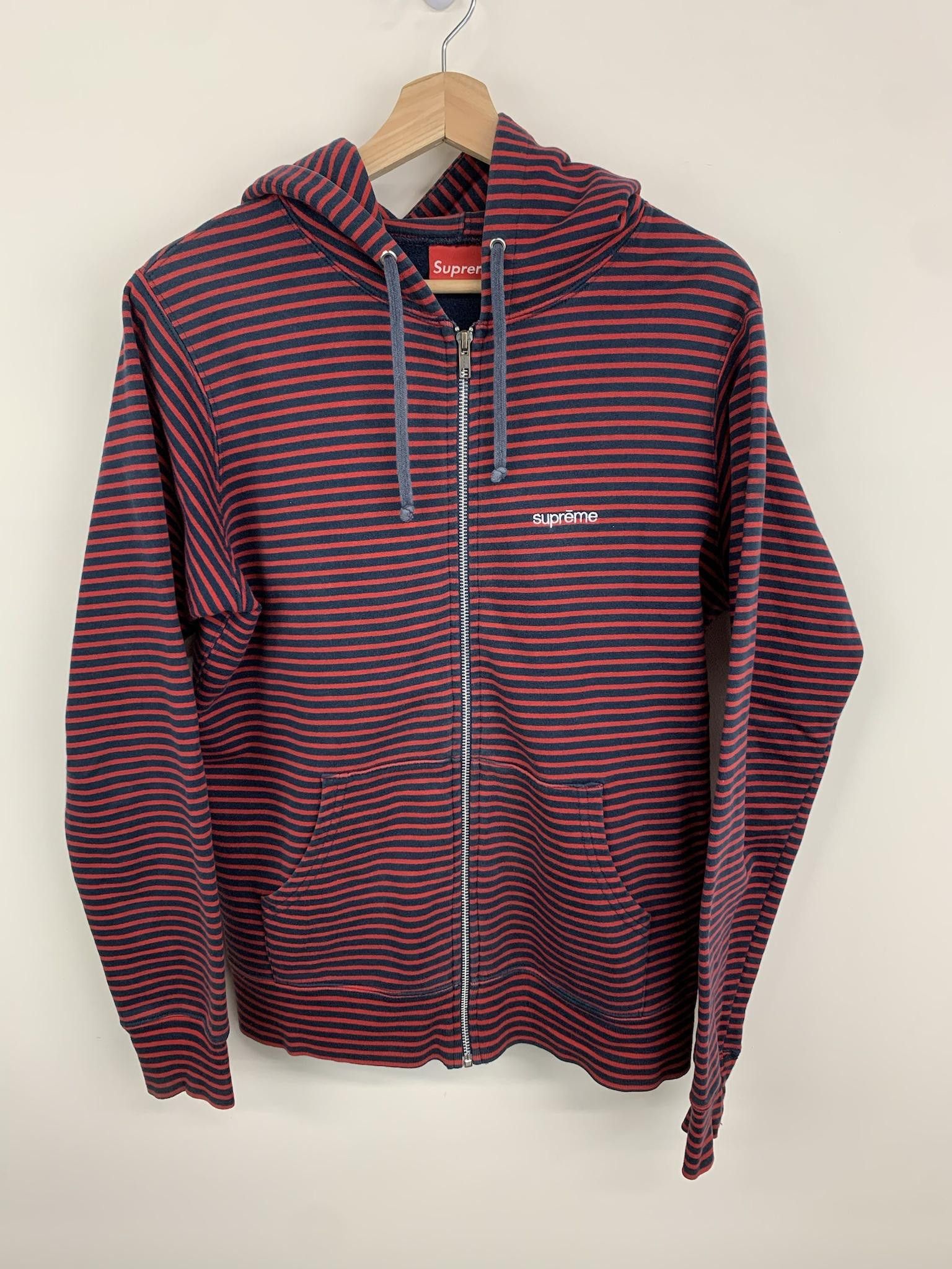 Image of Supreme Striped Zip Up Hoodie in Red, Men's (Size Small)