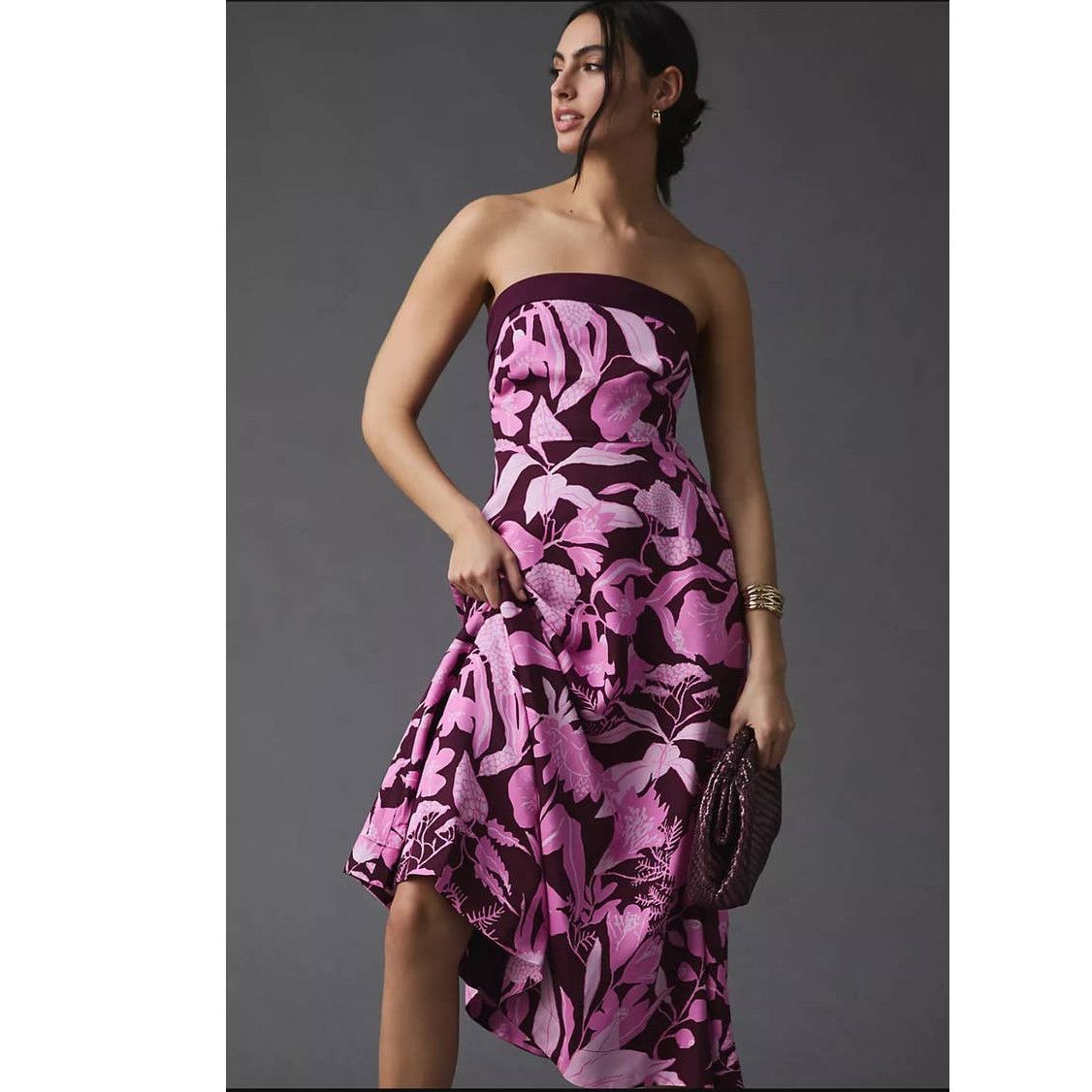 image of New Anthropologie Jo Faulkner Strapless Dress Midi $190 Size 6 in Purple/Pink, Women's