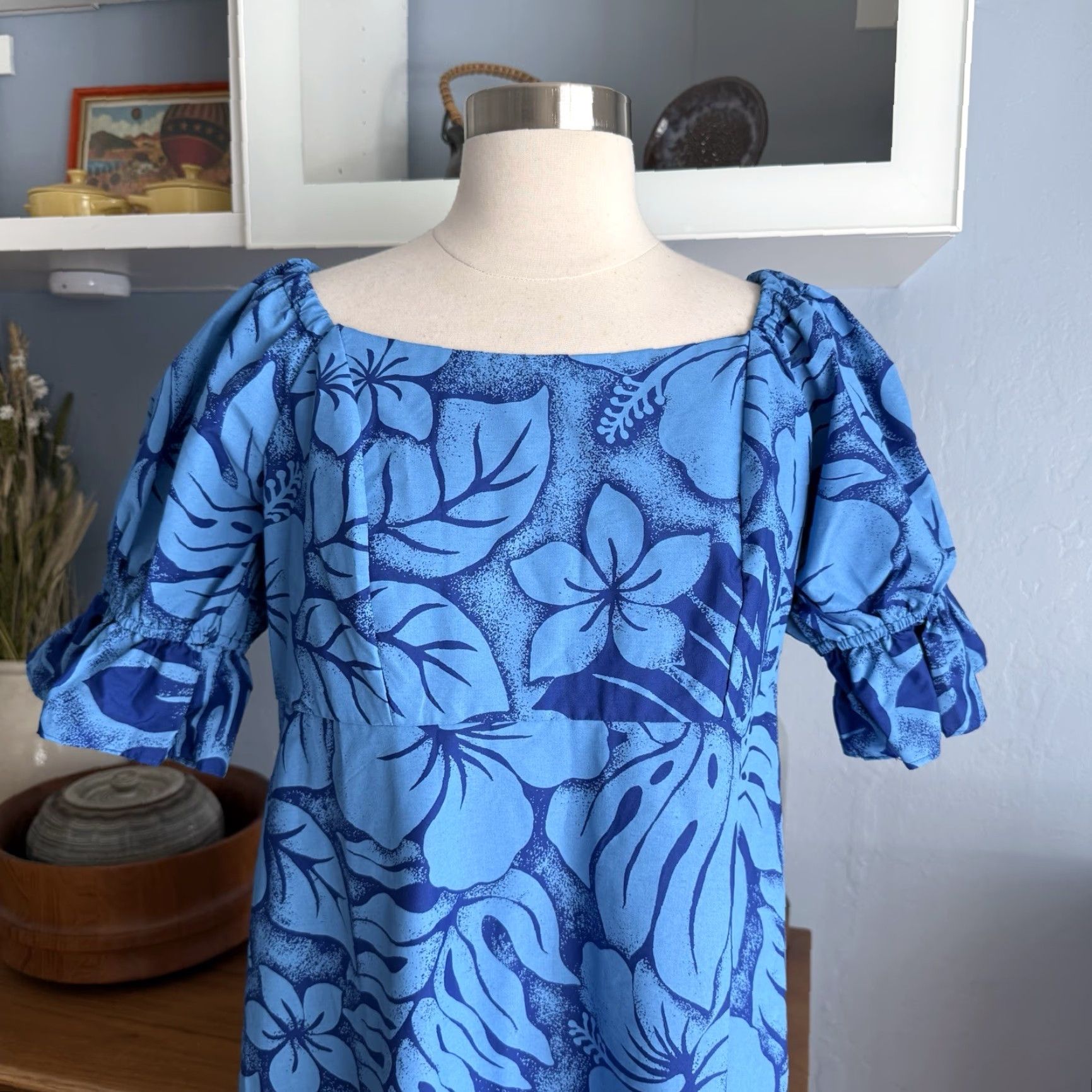 Vintage Smart Design Made In Hawaii Hawaiian Dress Puff Sleeves Floral Tiki Aloha M Blue Maxi Dress Women Casual Short Sleeve Size M / US 6-8 / IT 42-44 - 5 Thumbnail